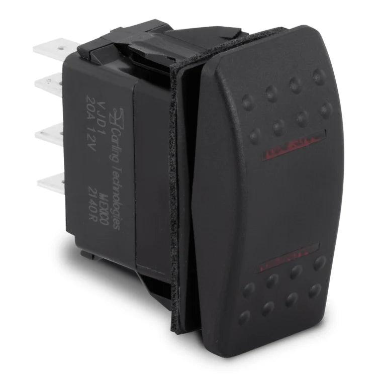 Sierra Contura II Illuminated Weather Resistant Rocker Switch - on-off-on, black rectangular switch with textured surface and multiple metal connectors, designed for marine electronics and fishing tackle applications.