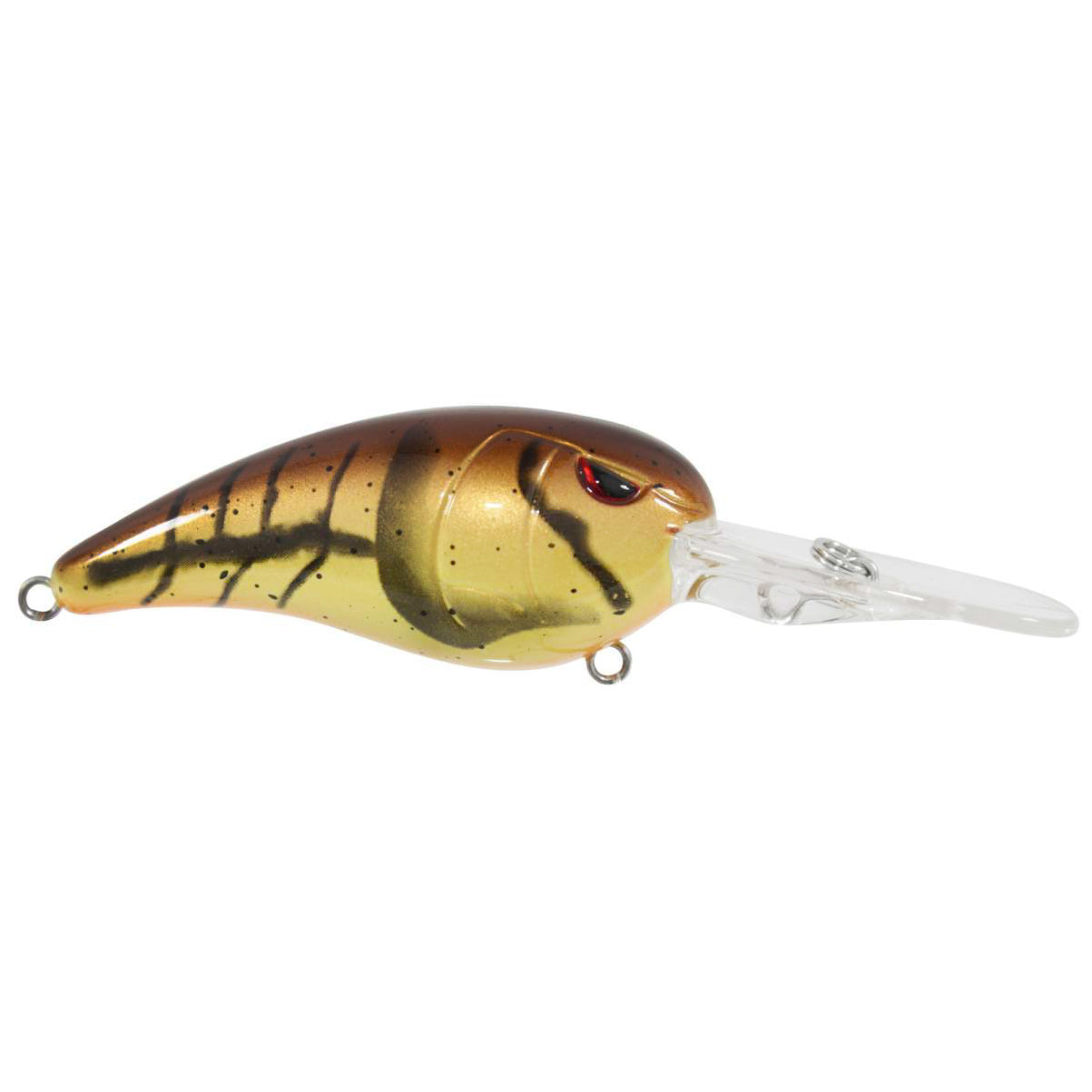 SPRO RkCrawler 55 Crankbait fishing lure with a gold and brown body, black stripe pattern, red eyes, and a clear plastic lip designed for freshwater fishing tackle.