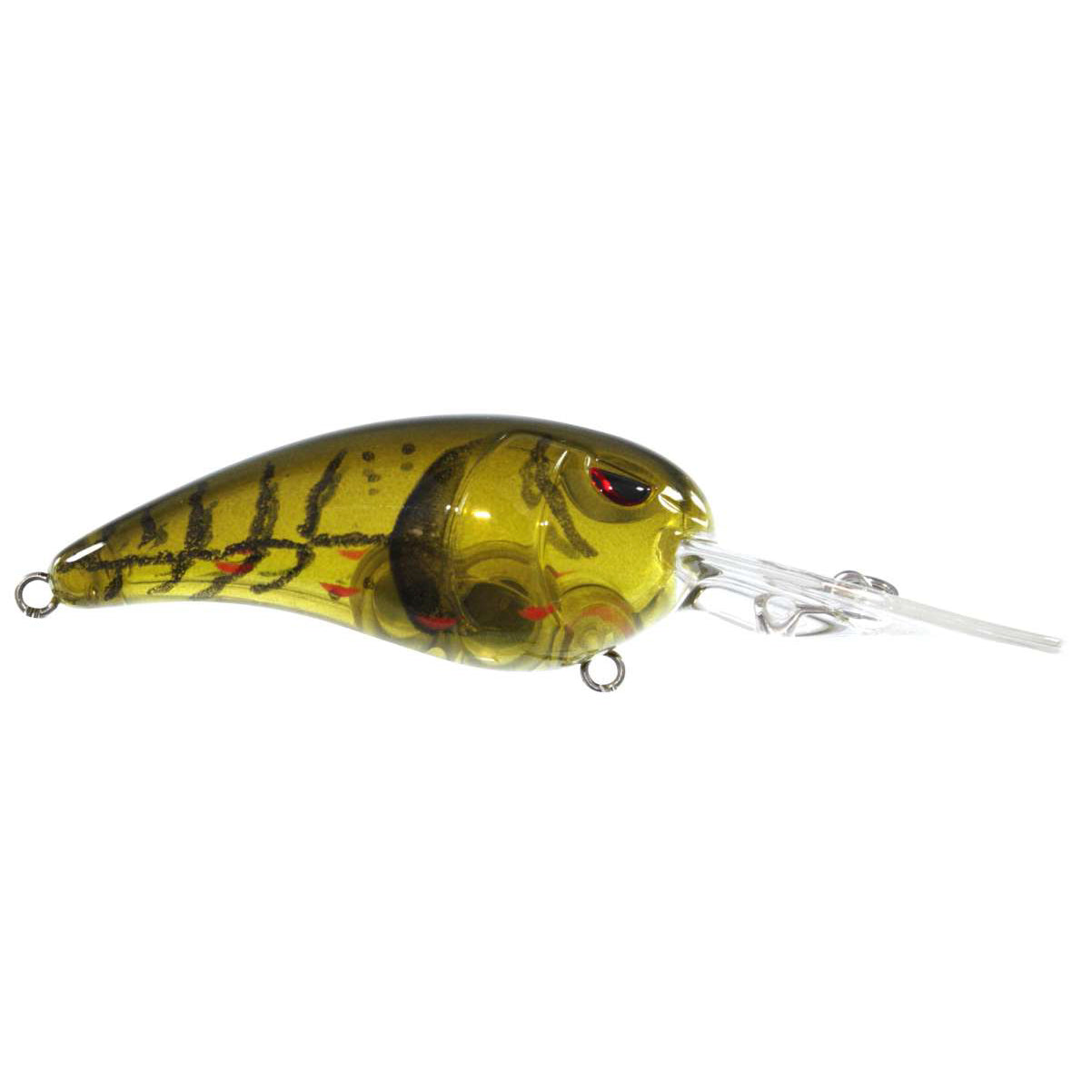 SPRO RkCrawler 55 Crankbait in translucent yellow-green with dark stripes and red eyes, featuring a clear plastic lip for diving action in fishing tackle.
