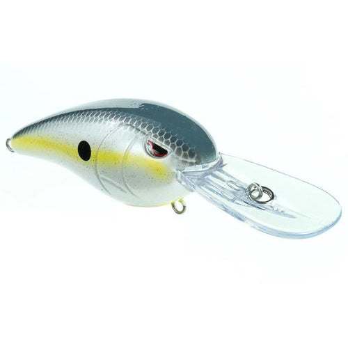 SPRO RkCrawler 55 MD Crankbait fishing lure with a silver and yellow body, black eye spot, and a clear plastic diving lip designed for effective water movement.