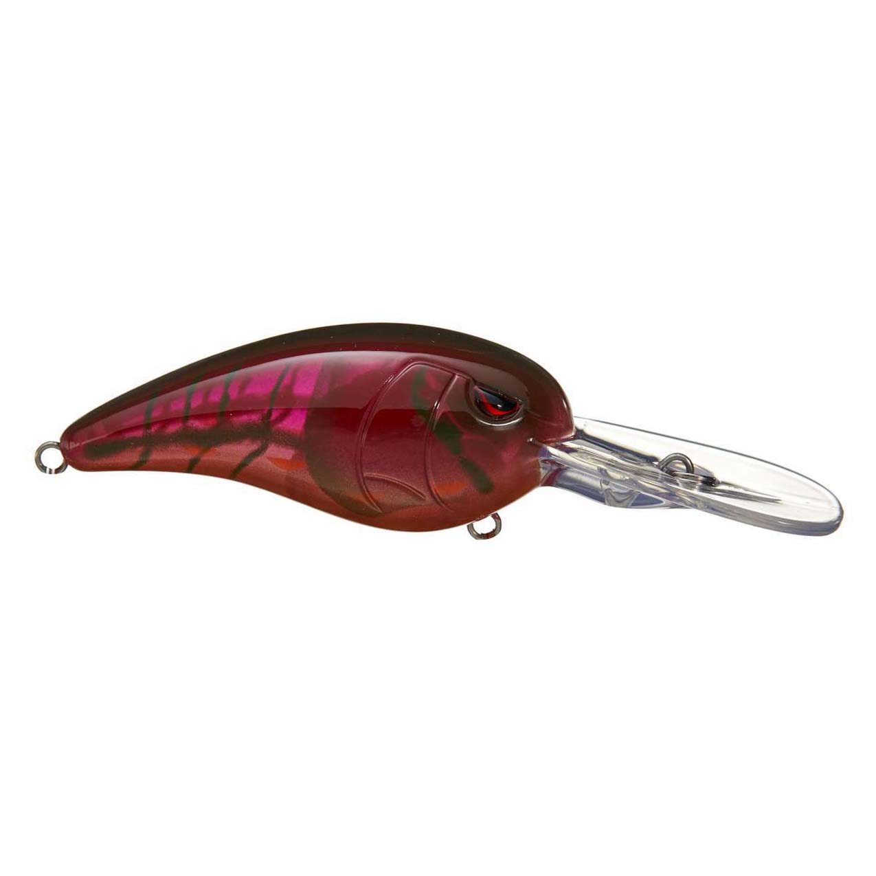 SPRO RkCrawler 55 Crankbait fishing lure in a deep red with black pattern, featuring a clear plastic lip and detailed eyes, designed for effective water movement and fish attraction.
