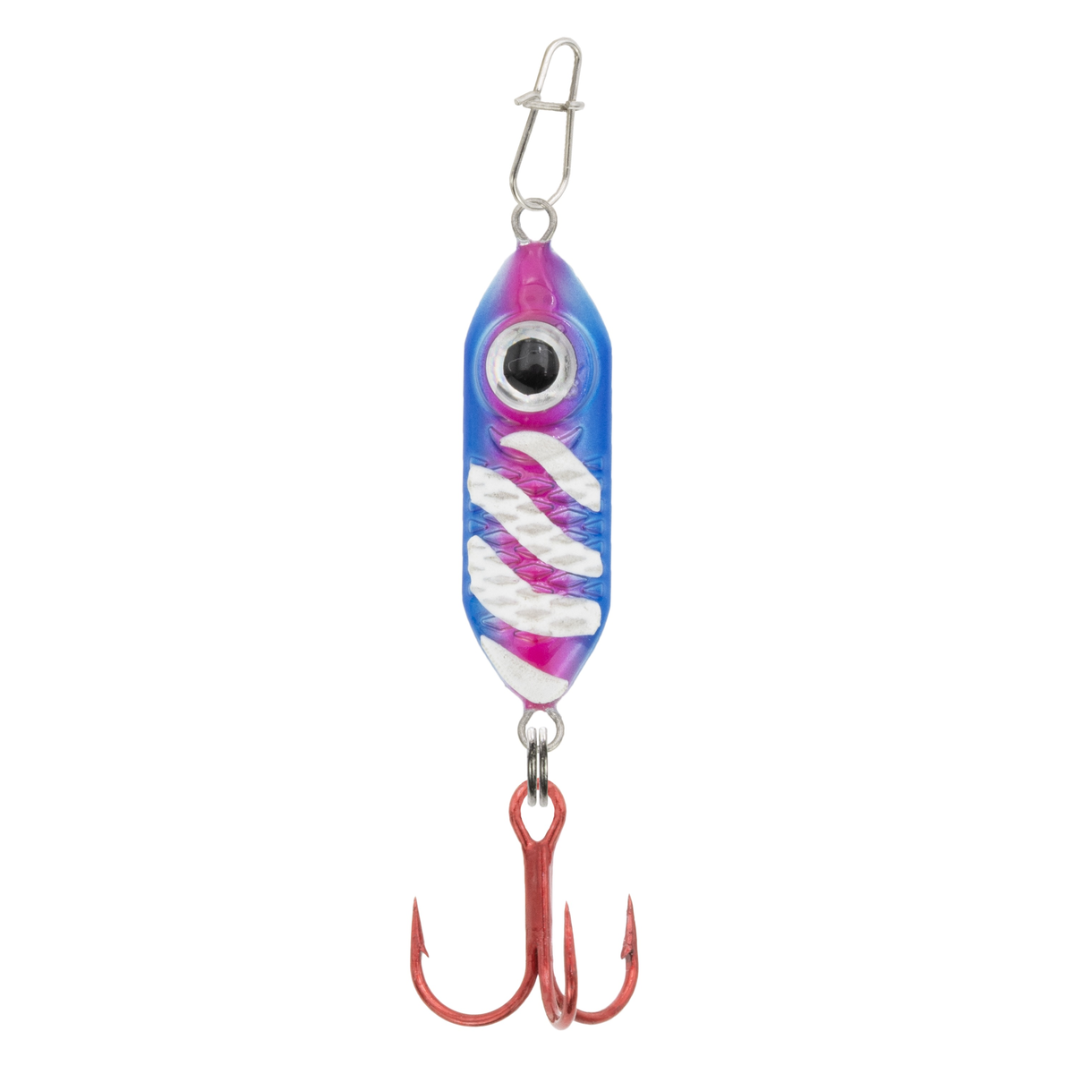 Clam Rattlin' Drop Spoon fishing lure with a vibrant blue and pink body, textured silver stripes, a realistic eye detail, and a red treble hook attached.