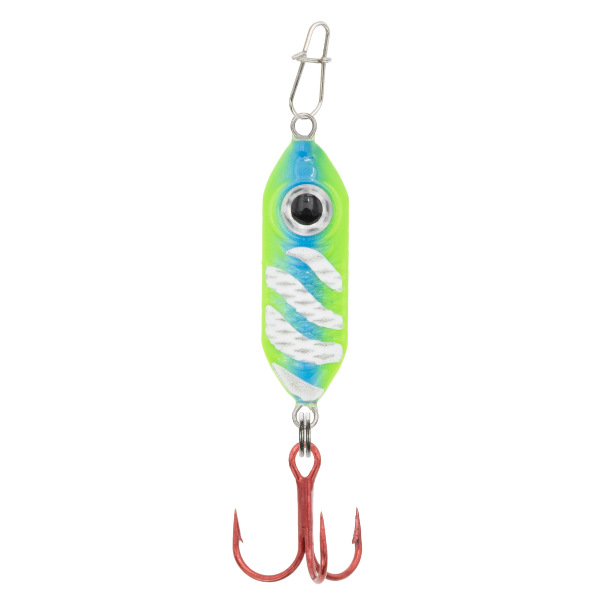 Clam Rattlin' Drop Spoon fishing lure in bright green and blue with silver accents, featuring a single treble hook and a swivel clasp for easy attachment.