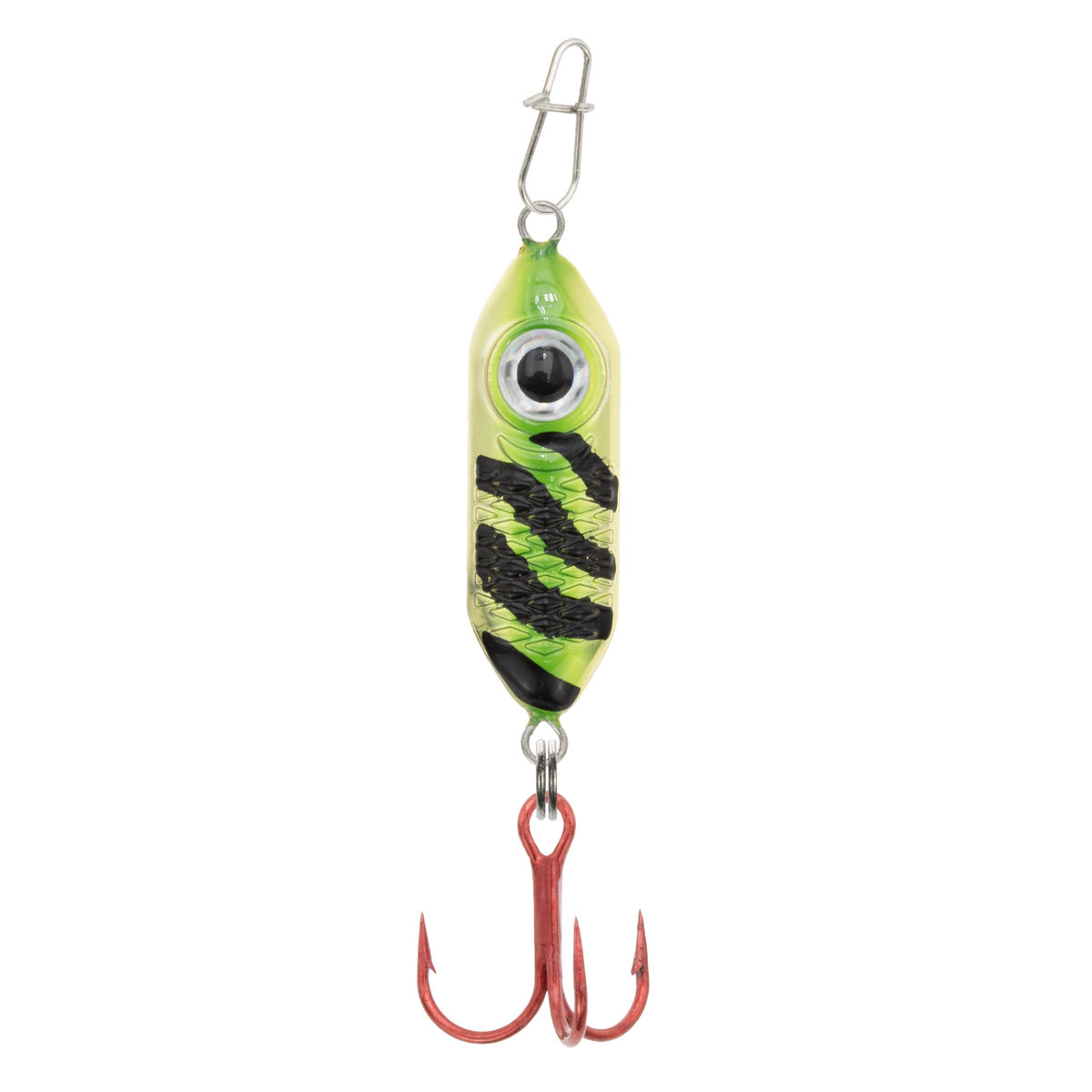 Clam Rattlin' Drop Spoon fishing lure in green and yellow with black tiger stripes, detailed eye design, and red treble hook for effective fishing tackle use.