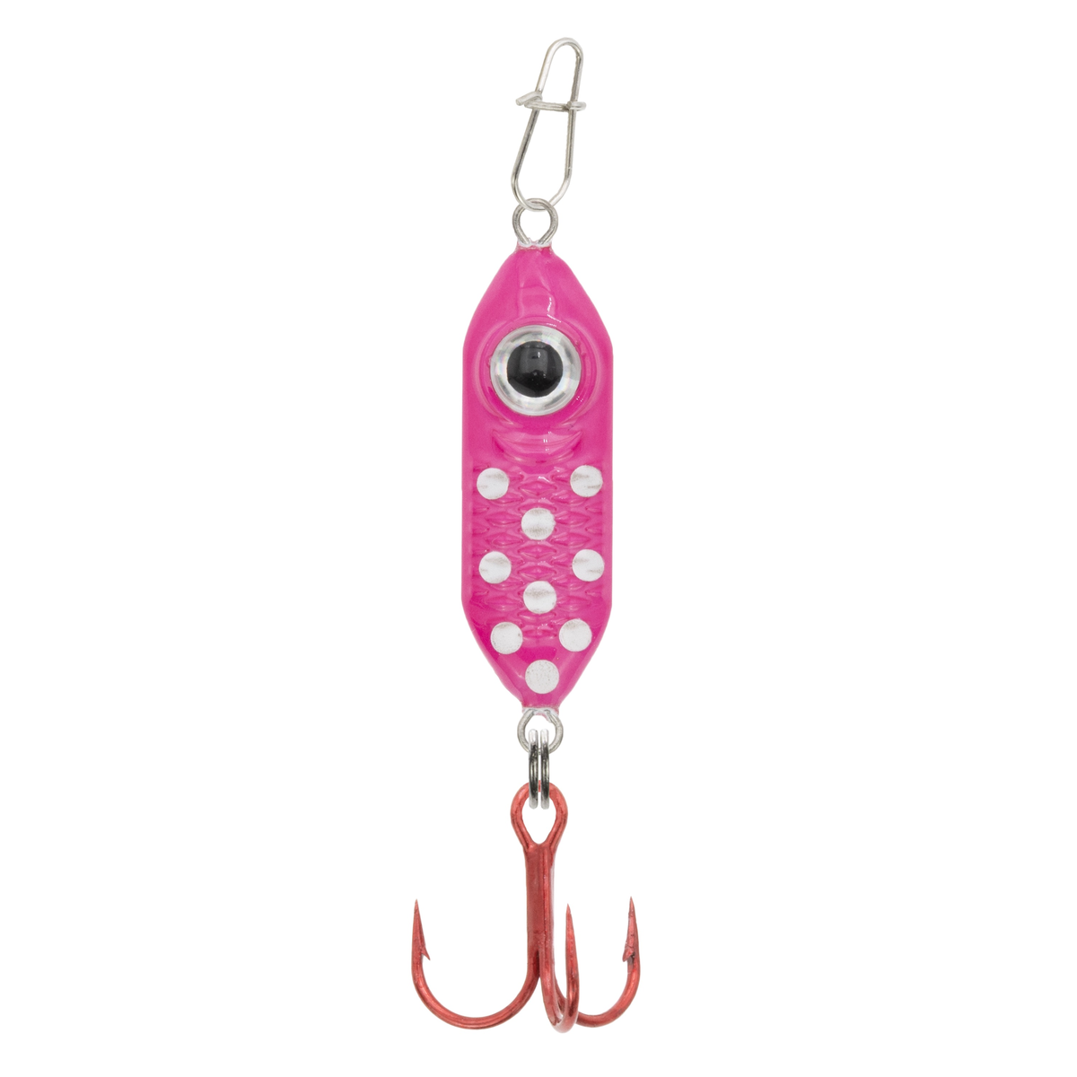 Clam Rattlin' Drop Spoon fishing lure in bright pink with white spots, featuring a realistic eye design and a red treble hook for effective fishing tackle use.