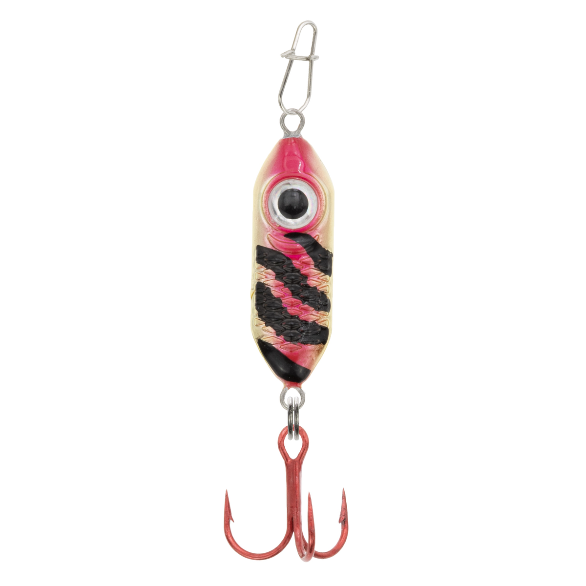 Clam Rattlin' Drop Spoon fishing lure in red and gold tiger pattern with a detailed eye, metal body, and red treble hook designed for effective fishing tackle.