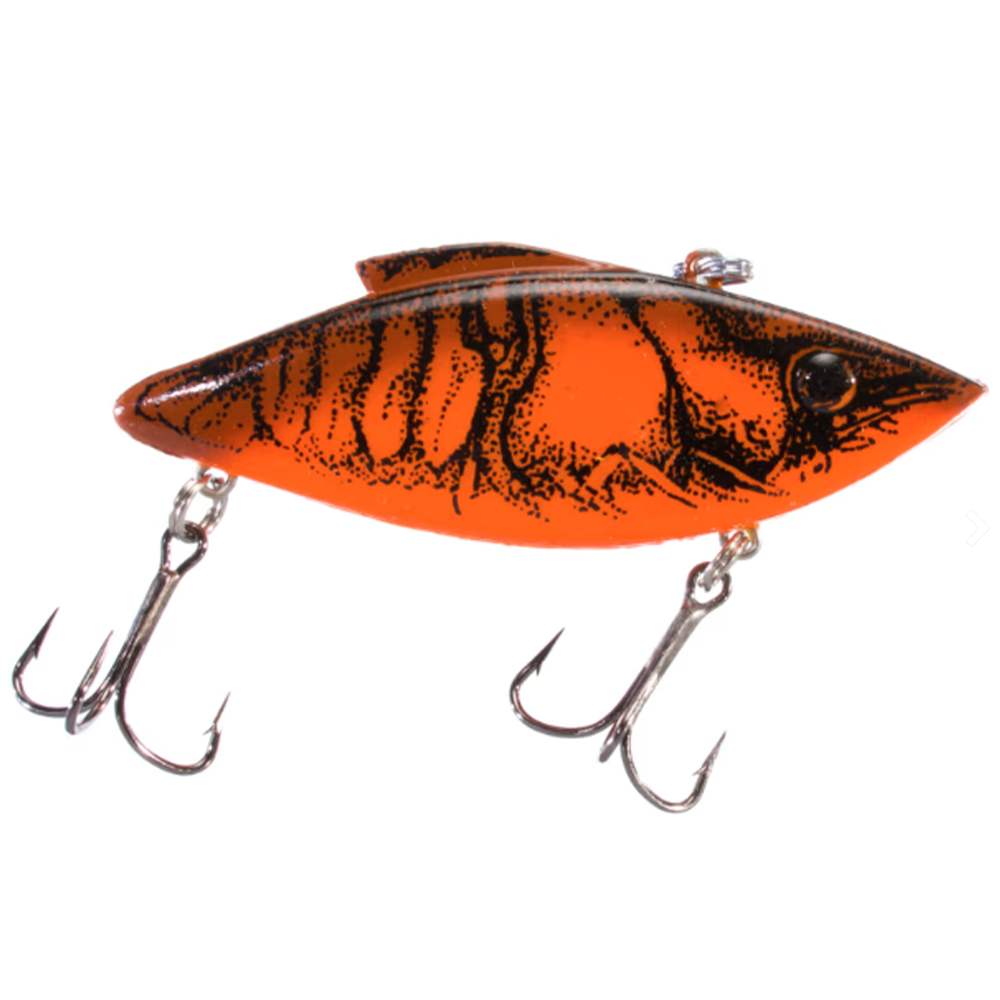 Bill Lewis Rat-L-Trap - Magnum Force fishing lure in bright orange and black pattern designed for musky fishing, featuring two treble hooks for effective catch.