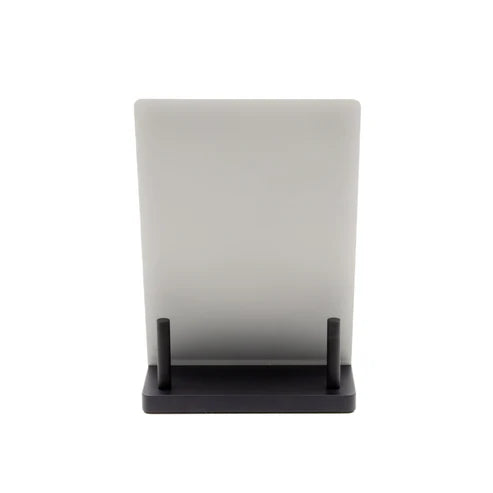 Renzetti Visual Enhancement Plate With Base, a translucent rectangular plate mounted vertically on a solid black stand, designed to improve visual contrast for fly tying and fishing tackle work.
