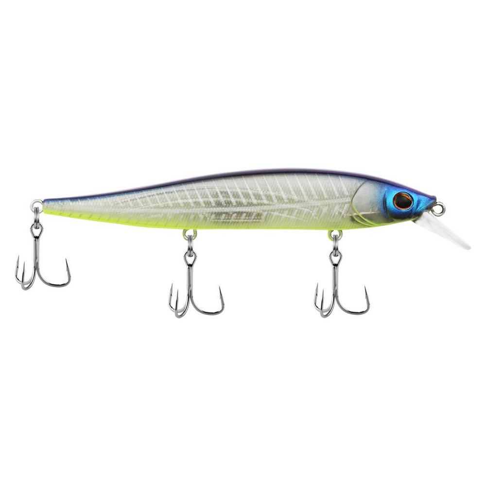 Berkley Stunna 112 Jerkbait fishing lure with a silver, blue, and chartreuse finish, featuring three treble hooks and a lip for diving action, ideal for fishing tackle enthusiasts.