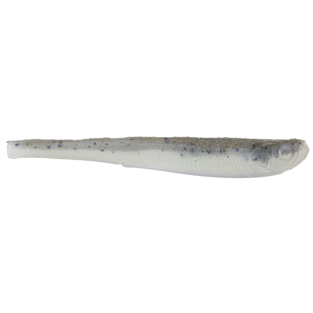 Nishine Lure Works Dropshot Minnow fishing lure in a translucent gray color with blue flecks, designed to mimic a small baitfish for fishing tackle enthusiasts.