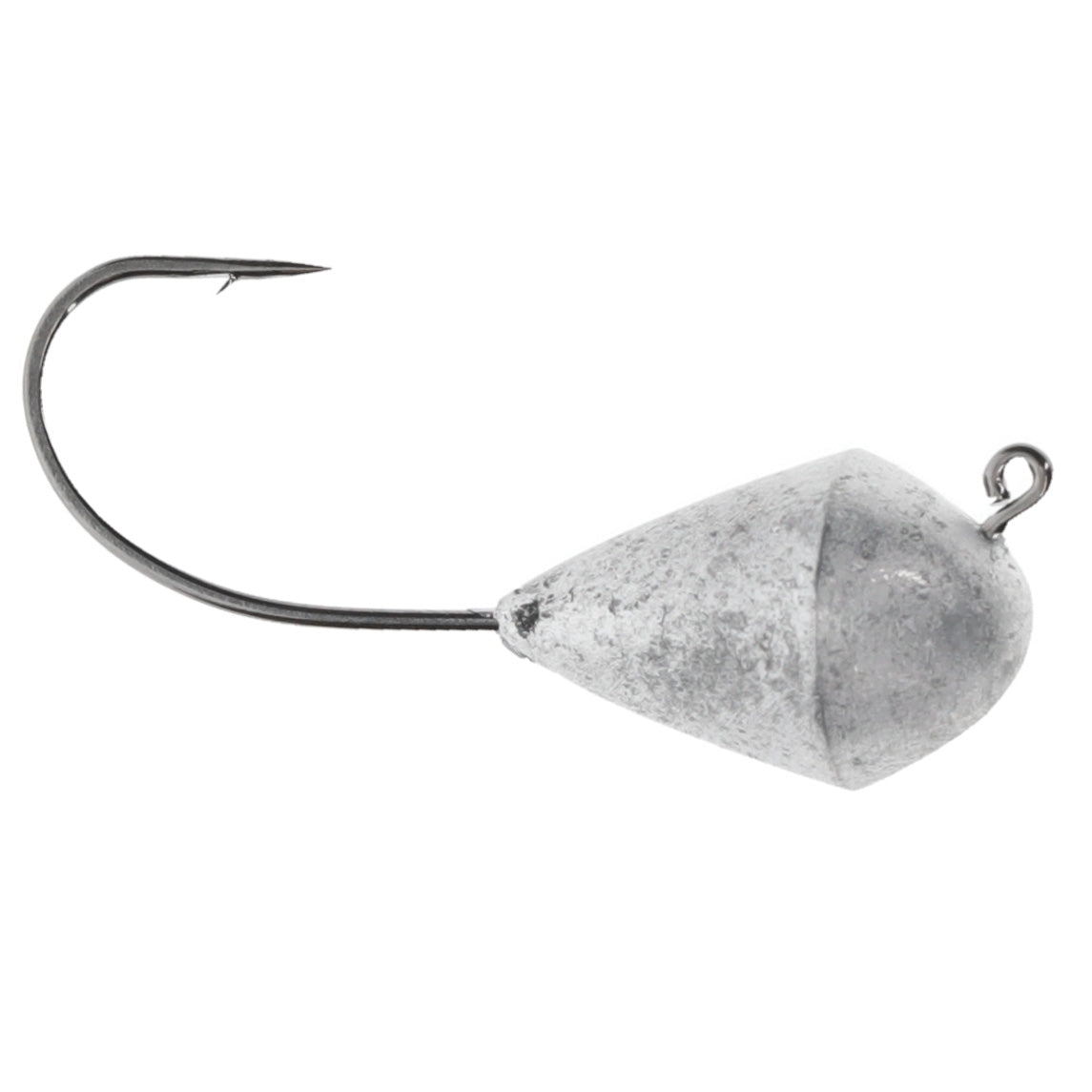 Close-up of a Strike King Crackin’ Tube Jig Head featuring a sharp fishing hook attached to a weighted, metallic, cone-shaped head designed for fishing tackle use.