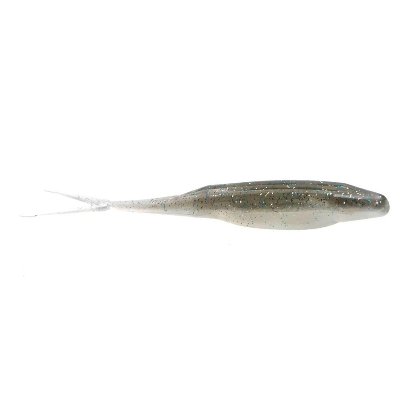 Zoom Bait Company Super Fluke Jr soft fishing lure in translucent gray with blue and silver glitter, designed for freshwater fishing tackle targeting musky and other species.