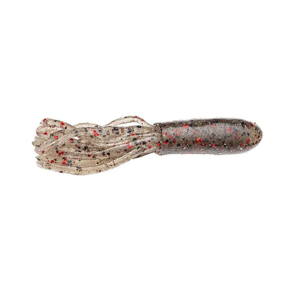 Strike King Fat Coffee Tube fishing lure in dark translucent brown with red and black speckles, featuring soft, flexible skirt strands for lifelike movement in water.