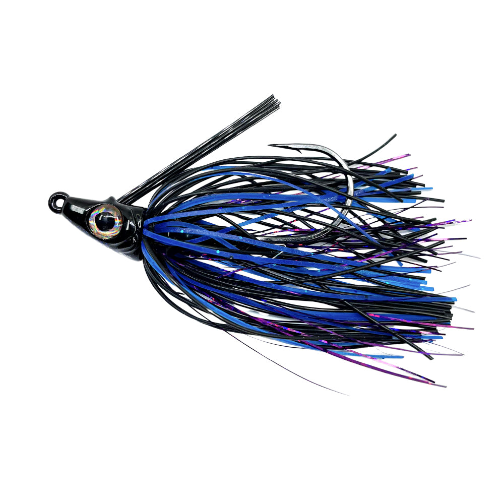 Fishing lure with blue and black skirt on a white background