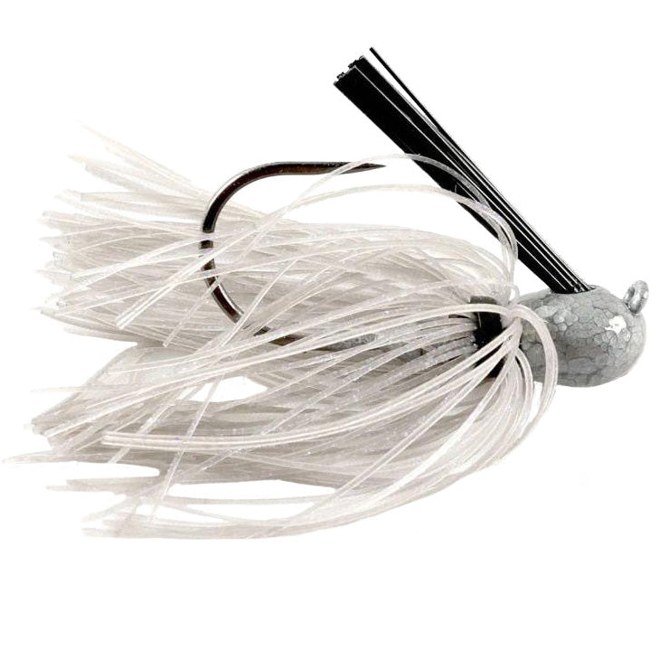Missile Baits Ike's Mini Flip Jig fishing lure with silver-gray head, white silicone skirt, sharp hook, and weed guard designed for effective fishing tackle use.