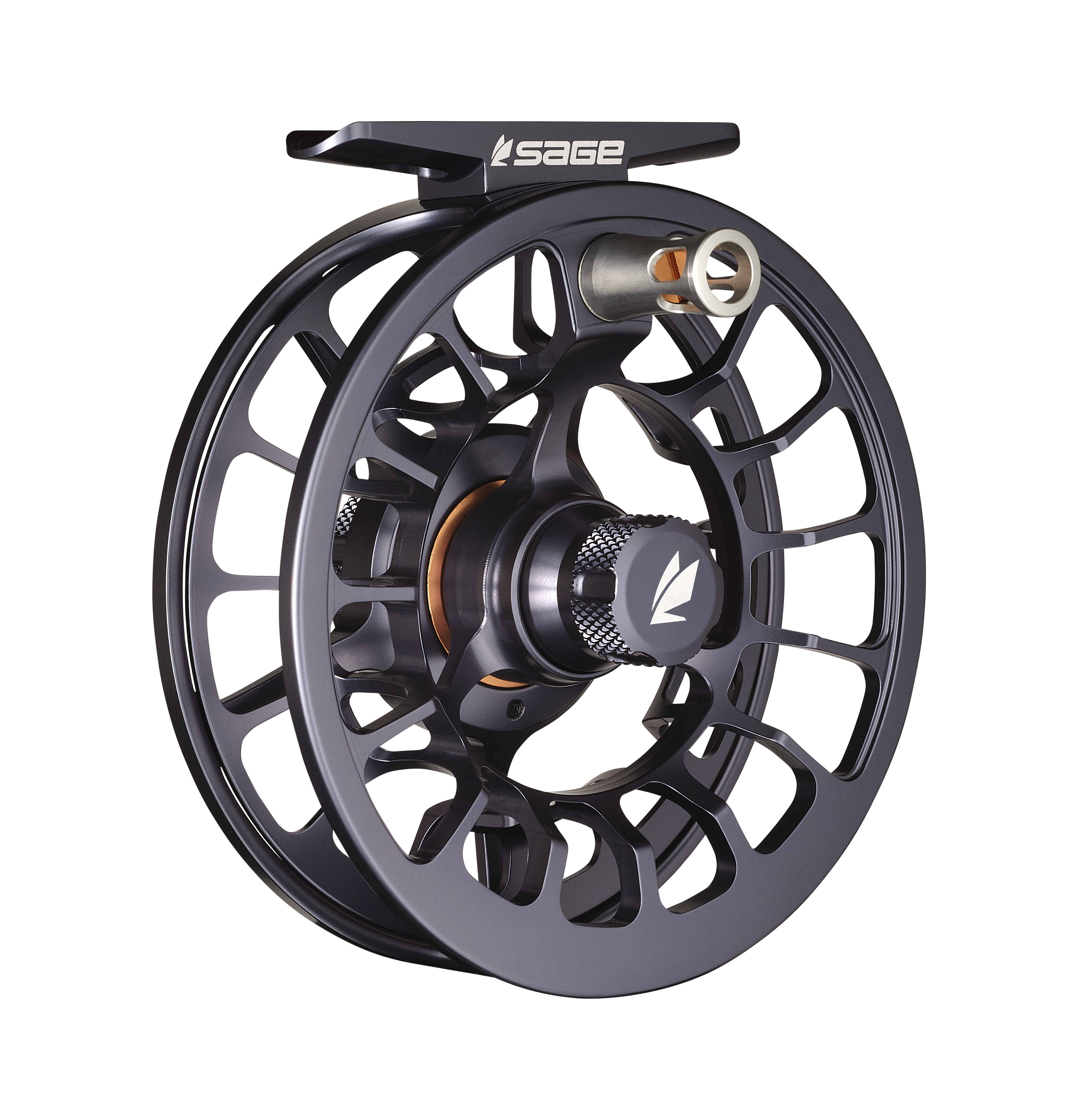 Sage Shift LT Fly Reel in matte black with orange accents, featuring a lightweight, durable design and precision engineering for smooth fishing line retrieval.