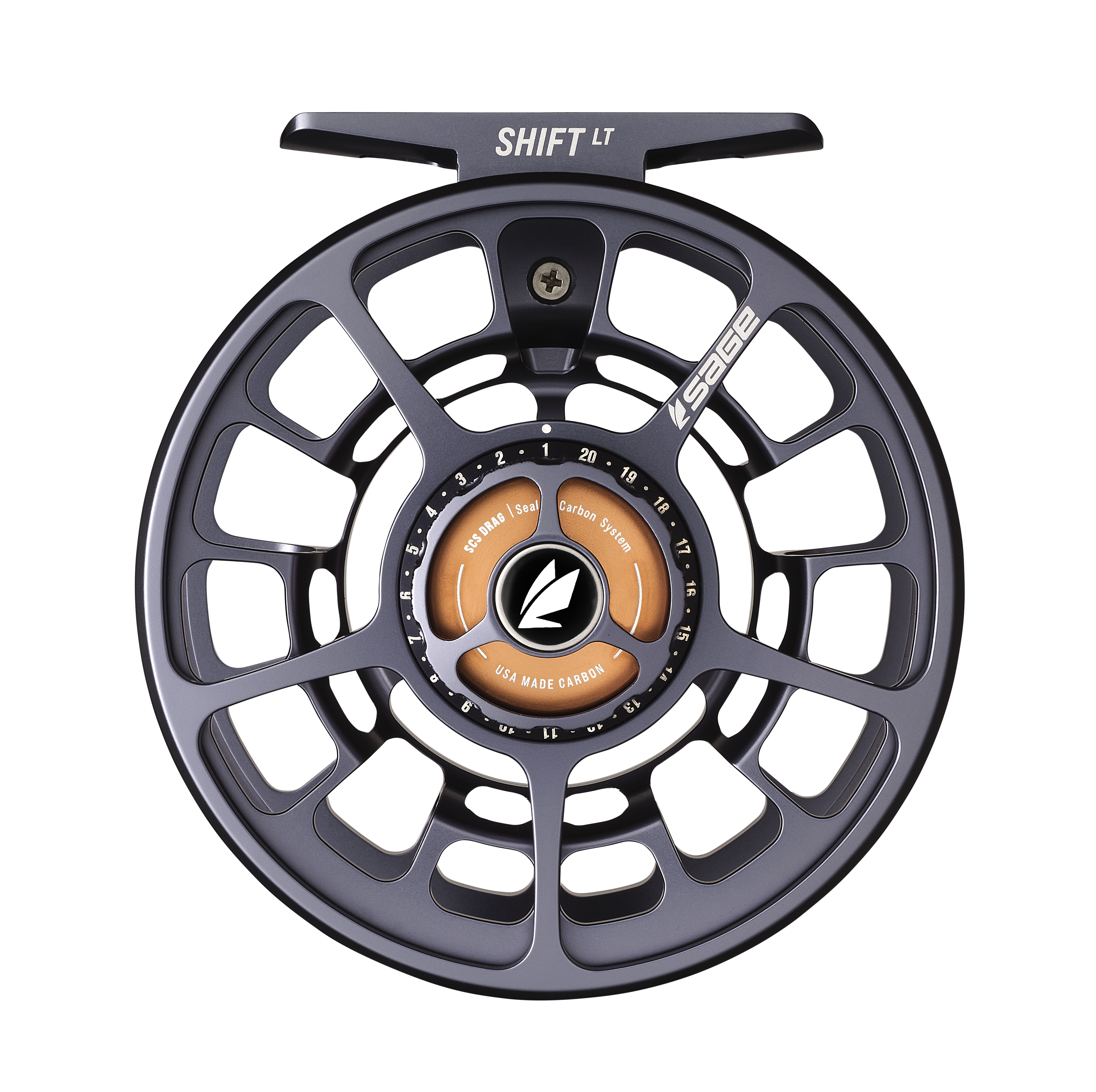 Sage Shift LT Fly Reel in dark gray with a lightweight, open-frame design, featuring precision-machined details and an orange center spool marked for drag adjustment.