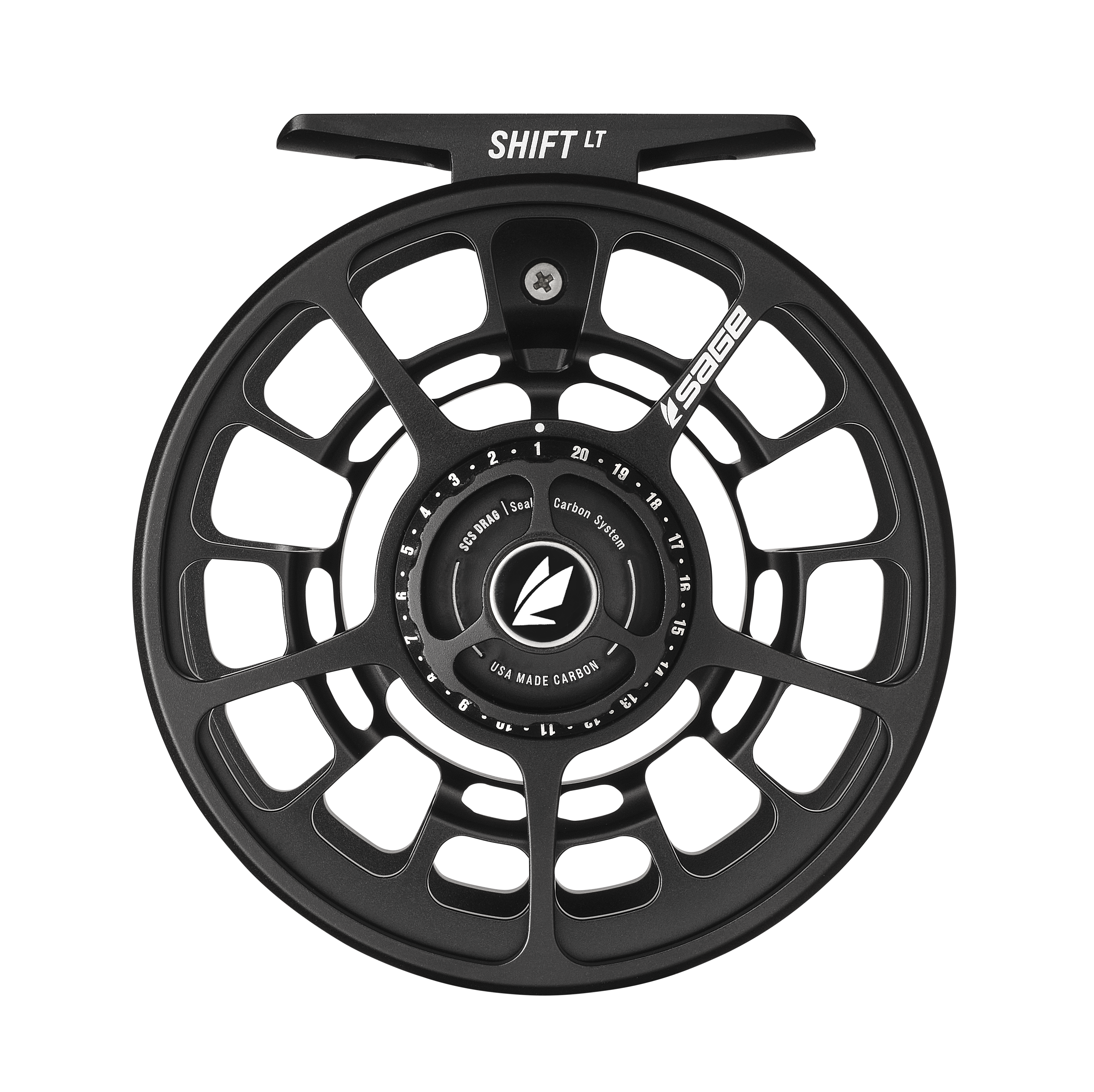 Sage Shift LT Fly Reel in matte black finish featuring a lightweight carbon frame and precision drag system, designed for fly fishing enthusiasts seeking durable, high-performance fishing tackle.