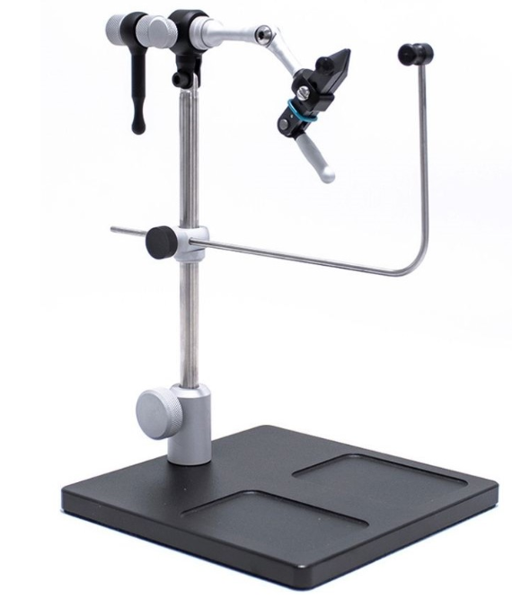Renzetti Presentation 2000 Vise with adjustable stainless steel shaft, black metal base with compartments, and a clamp for holding fishing tackle for detailed fly tying and rod work.