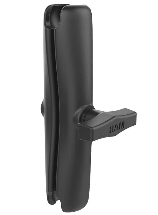 RAM® Double Socket Arm - C Size Long Part#: RAM-201U-D is a matte black adjustable arm with a tightening handle, designed for secure mounting in fishing tackle and marine electronics setups.