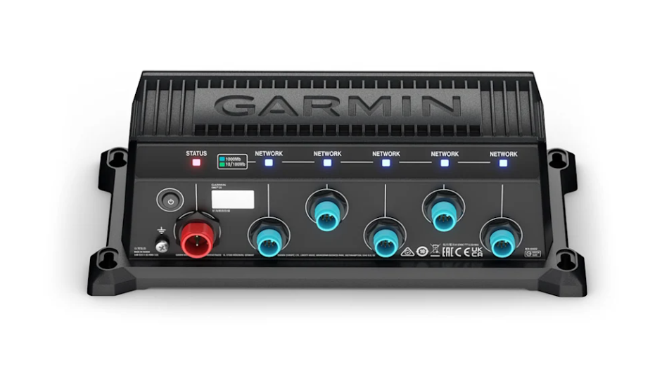 Garmin BlueNet™ 20 Switch 010-02612-00 marine electronics device with multiple blue network ports and a red power terminal in a black housing designed for fishing tackle connectivity.