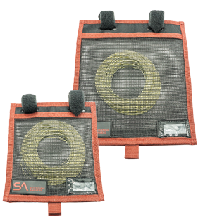 Scientific Anglers Regulator Line Wallets shown as two orange mesh fly fishing line storage wallets with clear pockets and hook and loop closures