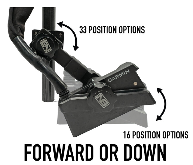 The Net Buddy Dual Mount(Forward & Perspective) for Garmin Livescope LVS32 or Lowrance Active Target 2 shown in black, adjustable with 33 position options for mounting and 16 tilt angles for forward or downward view.