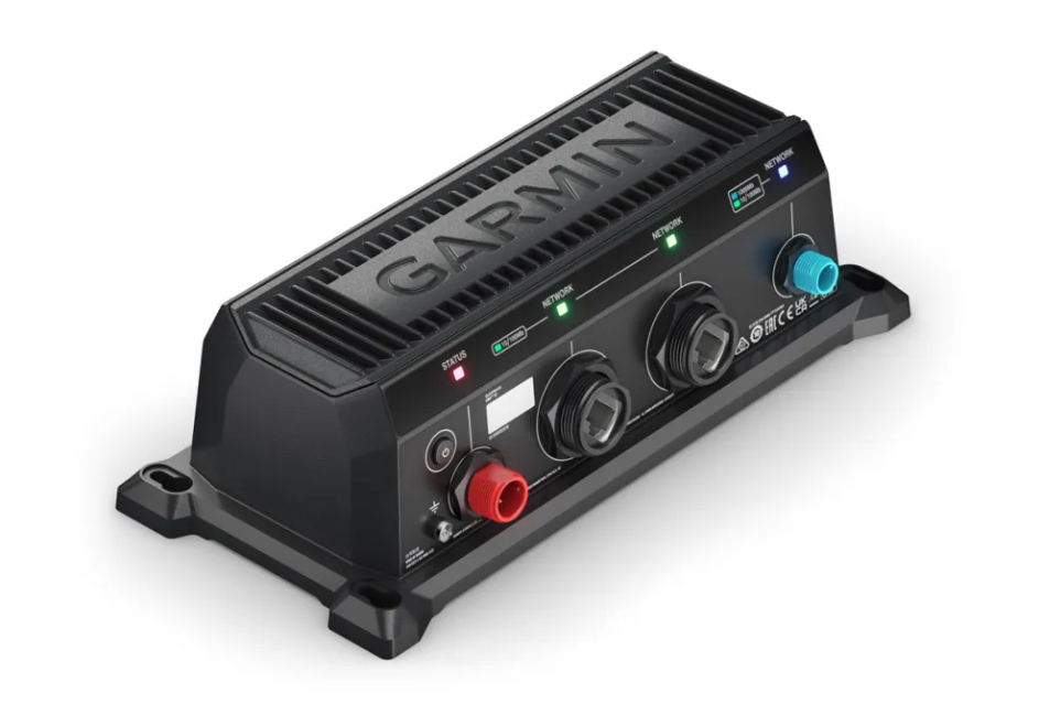 Garmin BlueNet™ 30 Gateway 010-02613-00 black marine electronic device with power and data connectors, status indicator lights, and Garmin branding on top.