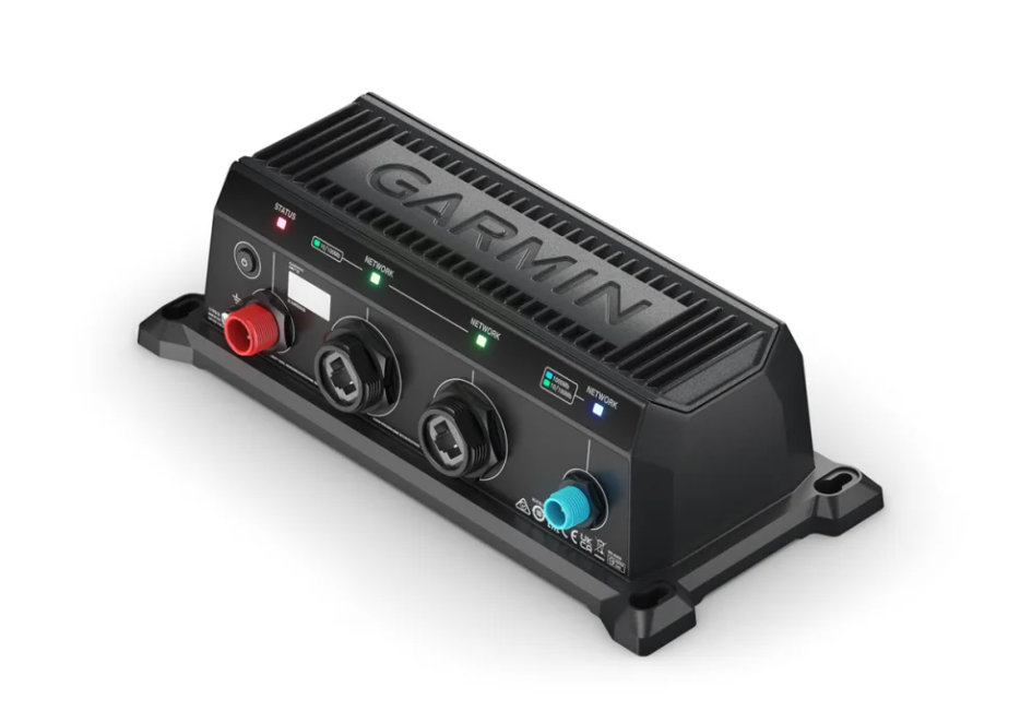 Garmin BlueNet™ 30 Gateway 010-02613-00, a compact black marine electronics device with multiple connection ports and indicator lights, designed for reliable fishing tackle integration.