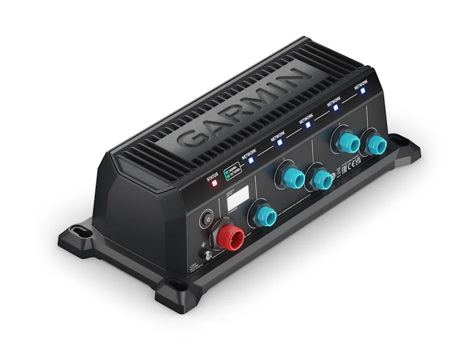Garmin BlueNet™ 20 Switch 010-02612-00, a black marine electronic device with multiple blue connection ports, status indicator lights, and a robust compact design for fishing tackle systems.
