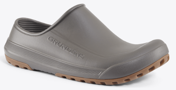 Grundens Fish-On Slip-On in gray with a textured brown sole, designed as a durable, slip-resistant fishing shoe suitable for wet environments.