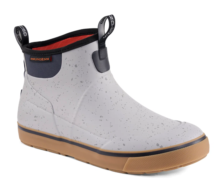 Grundens Deck-Boss Boot white ankle height deck boot with speckled finish black trim pull tabs and tan textured sole
