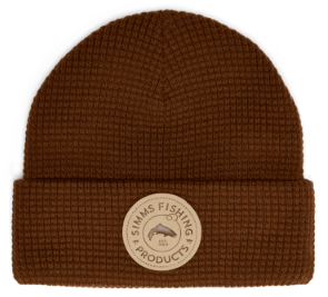 Simms Everyday Waffle Knit Beanie in brown waffle knit fabric with a folded cuff and round fishing themed patch for warm outdoor wear