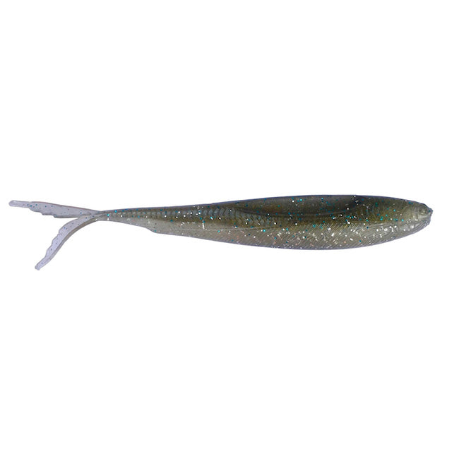 Beast Coast Seduce FFS Minnow soft fishing lure with a slender, minnow-shaped body in translucent gray with blue and silver flecks, designed for realistic movement in water.