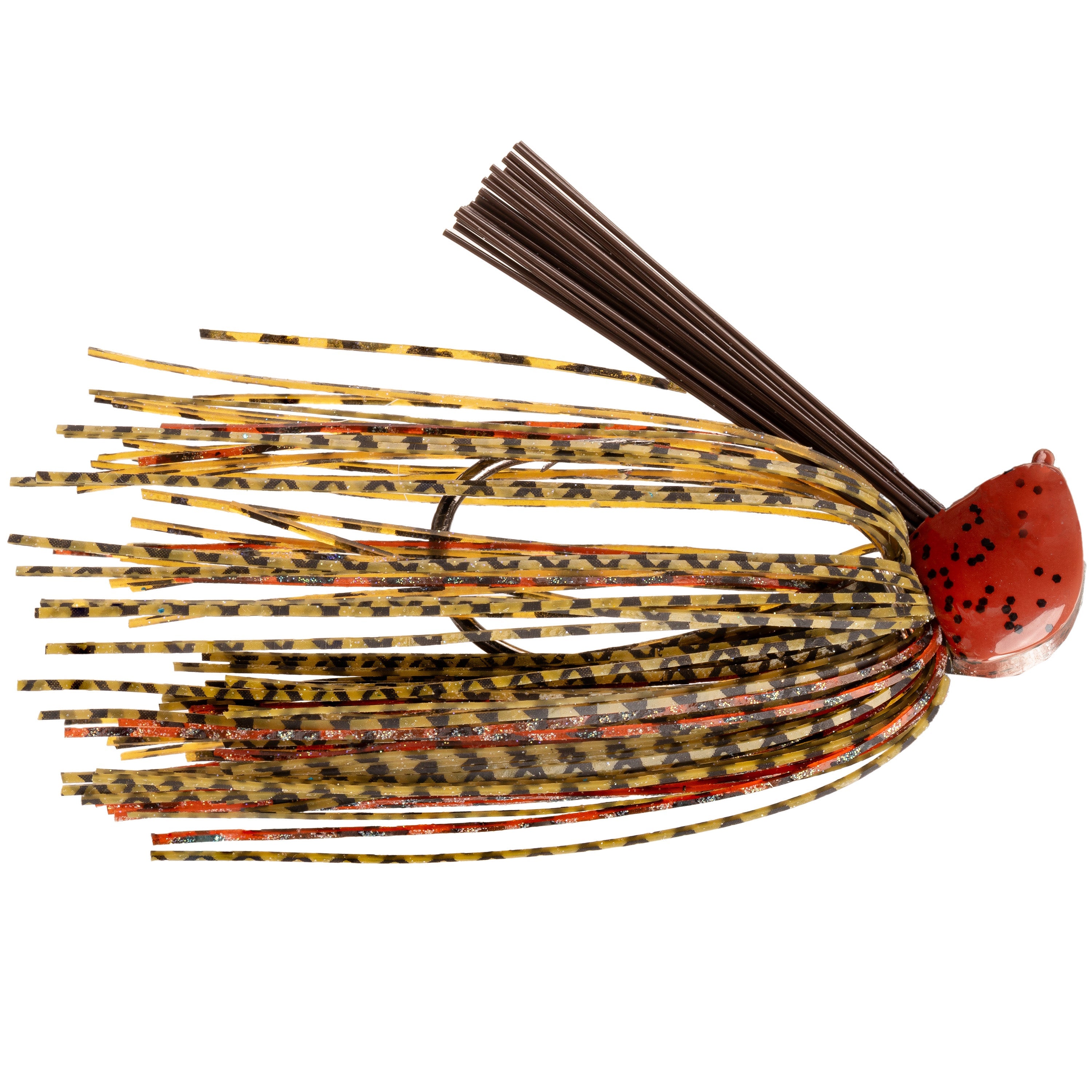 Strike King Tour Grade Tungsten Flip Jig with a red tungsten head, black speckles, and multi-colored skirt designed for fishing tackle enthusiasts targeting musky and other game fish.