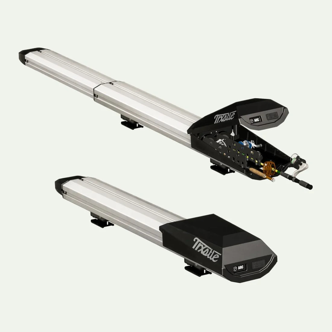 Trxstle ARC Fishing Rod Carrier shown in open and closed configurations with aluminum rails and secure storage for fishing rods and tackle