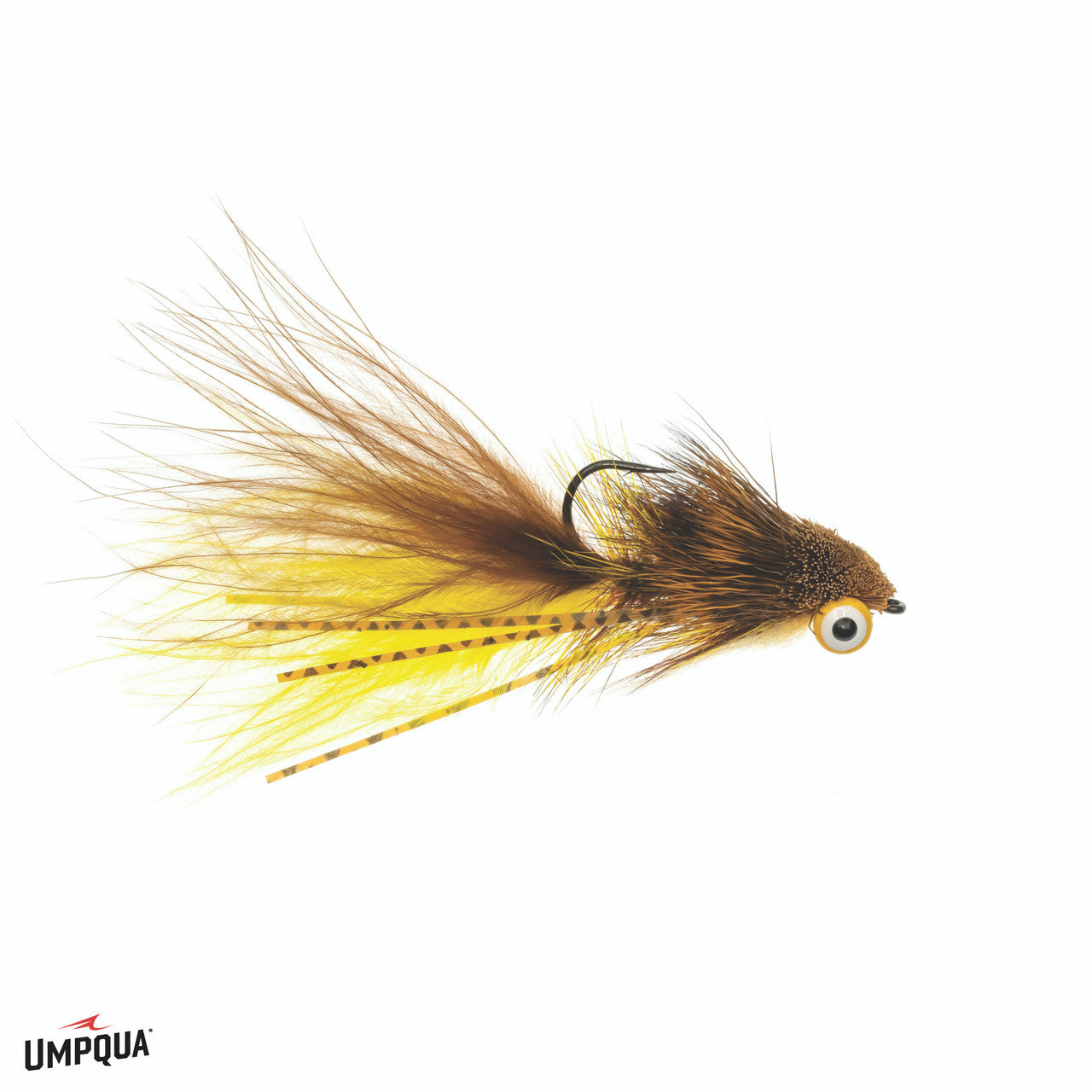 Slider Bugger #2 fishing lure featuring brown and yellow feathers, synthetic fibers, and a detailed eye, designed for effective fishing tackle use.
