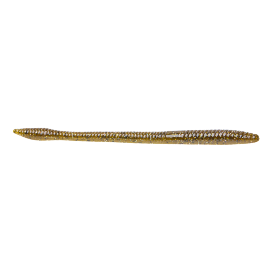Zoom Bait Company 7" Magnum Trick Worm soft plastic fishing lure with a long ribbed brown and gold profile for freshwater fishing tackle