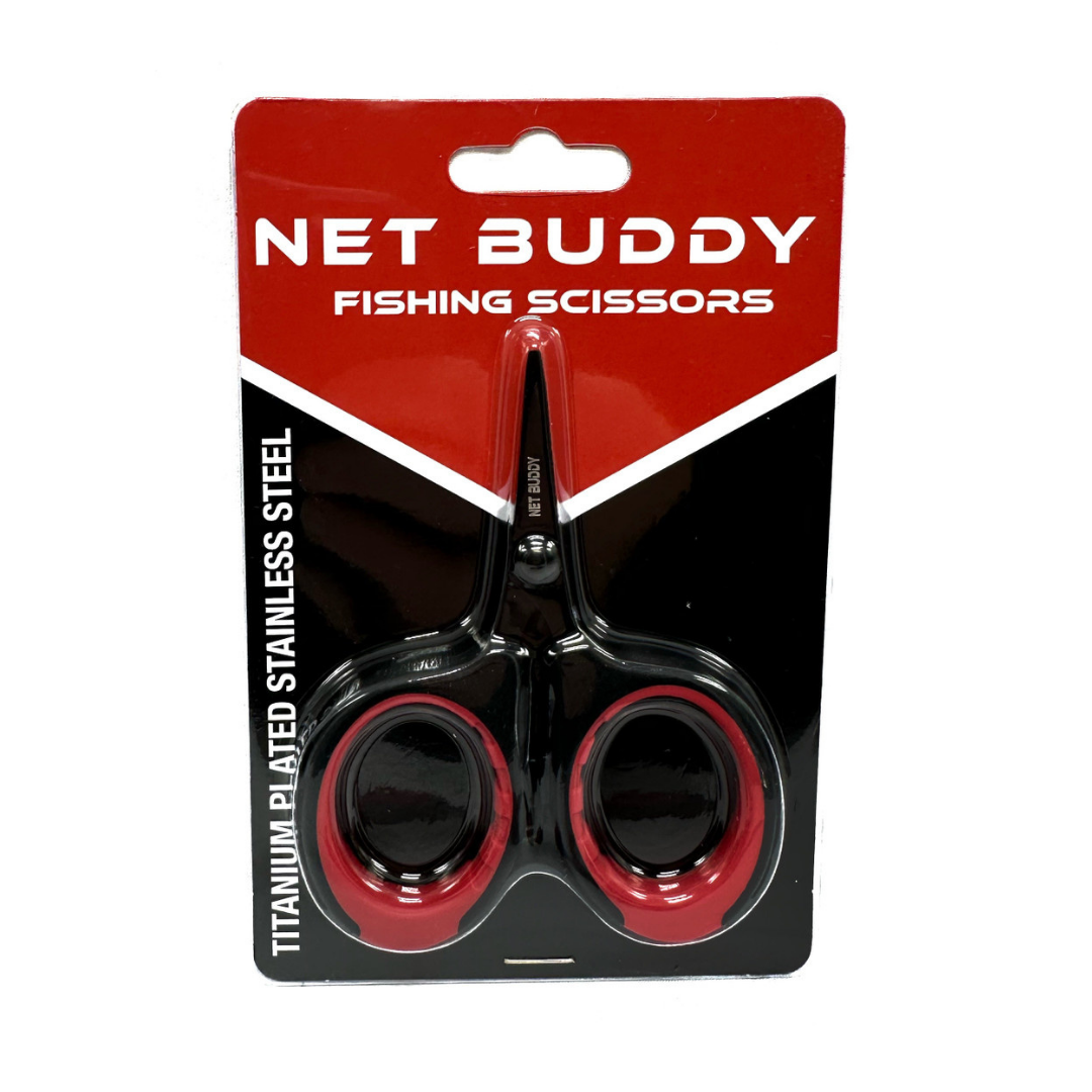 Net Buddy Braid Scissors with black titanium-plated stainless steel blades and red and black ergonomic handles, designed for fishing tackle and braided line cutting.