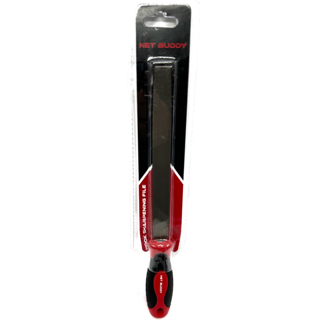 Net Buddy Hook File in black and red packaging, featuring a long, rectangular metal file with a black and red ergonomic handle designed for sharpening fishing hooks.