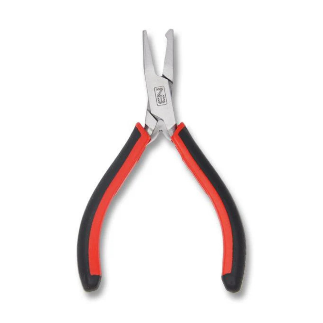 Net Buddy Split Ring Pliers with stainless steel jaws and red and black ergonomic handles, designed for fishing tackle and easy ring removal.