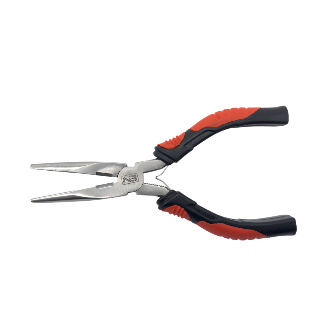 Net Buddy 6 Inch Needle Nose Pliers with stainless steel long, narrow jaws and black and red ergonomic rubber handles designed for fishing tackle and marine use.