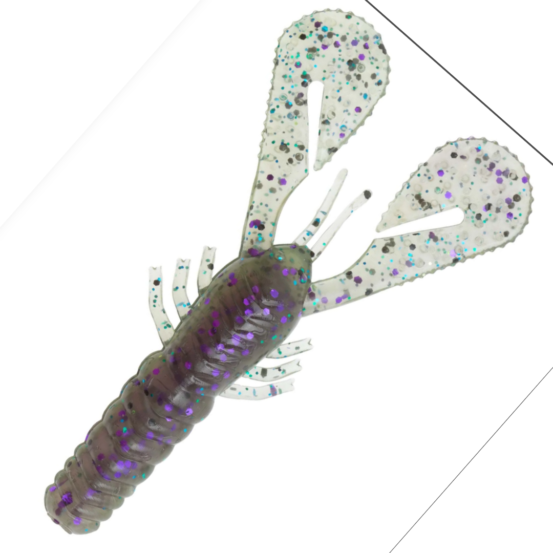 Z-Man Turbo Crawz fishing lure in translucent purple and clear with glitter flakes, designed to mimic a crawfish for effective fishing tackle use.