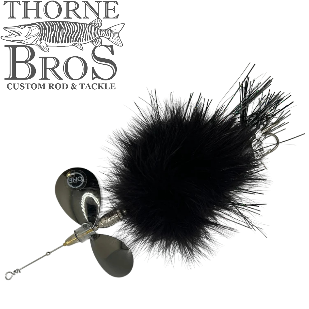 Angling Revolution "The Little One" black musky fishing lure with a large bucktail profile and double spinner blades for freshwater fishing tackle