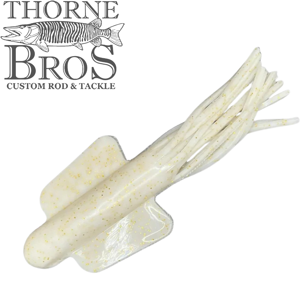 Angling Revolution Squiddy Tube soft plastic fishing lure in translucent white with gold glitter and multiple trailing tentacles for musky fishing