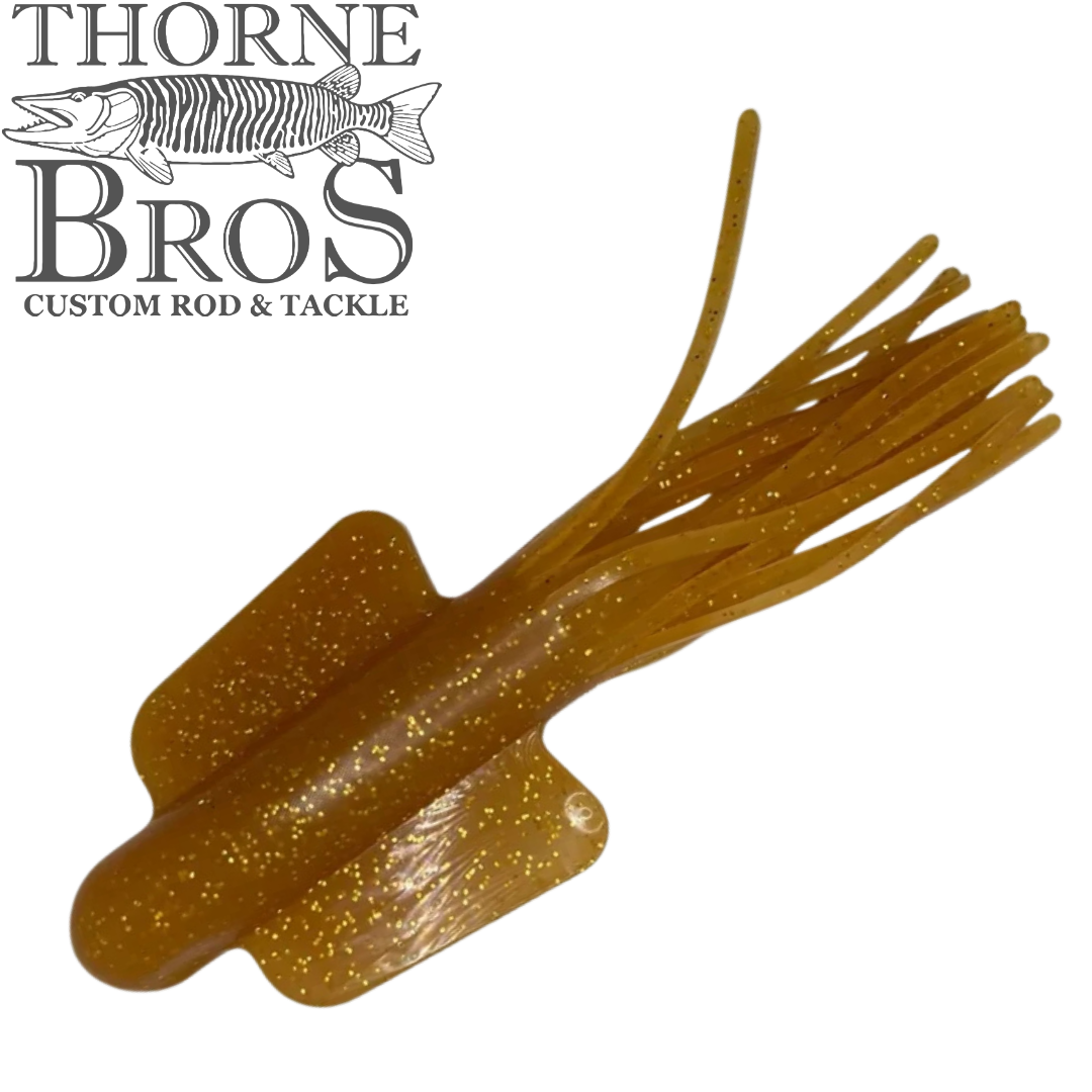 Angling Revolution Squiddy Tube brown glitter soft plastic fishing lure with flared tentacles and paddle like appendages for musky fishing tackle