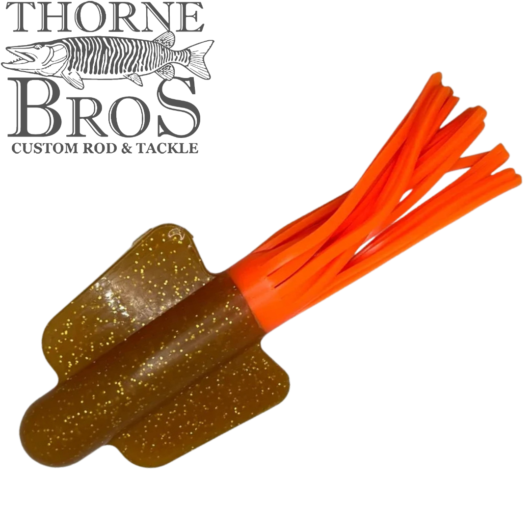 Angling Revolution Squiddy Tube brown and orange soft fishing lure with glitter flecks and multiple tentacles for musky fishing tackle