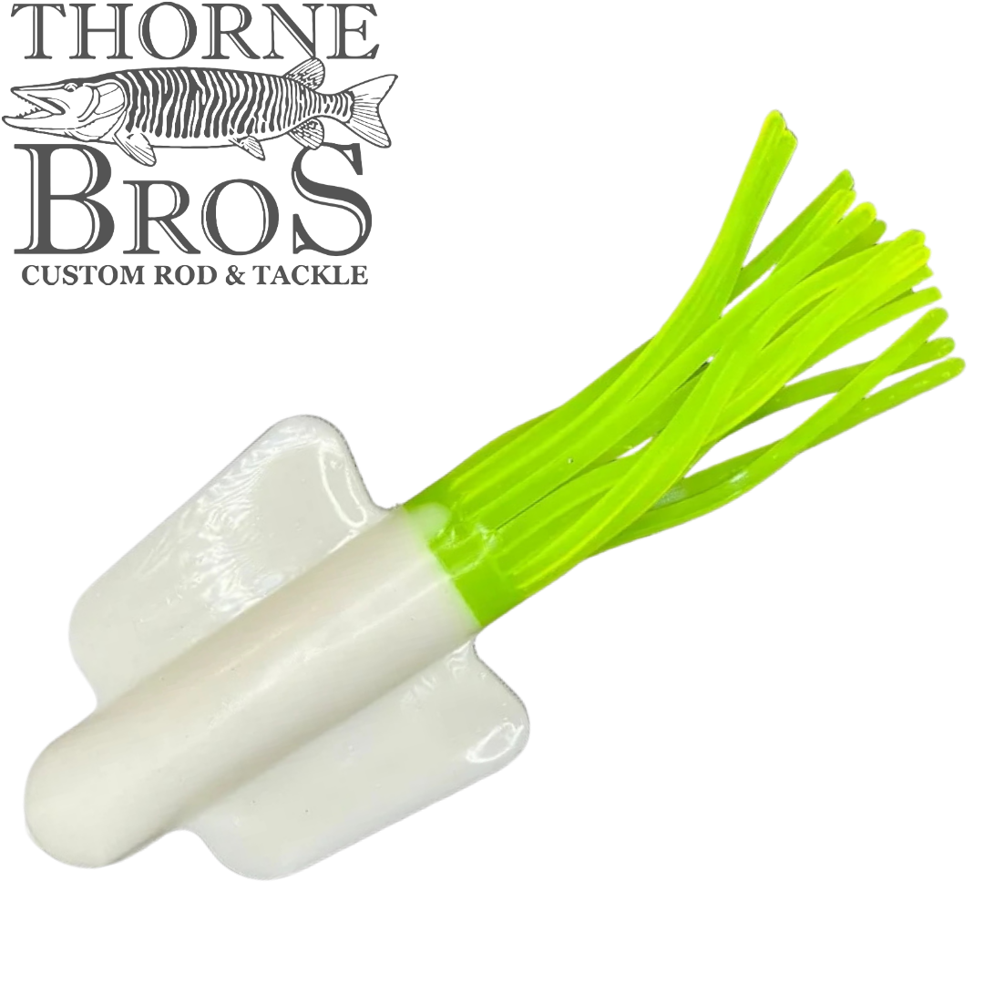 Angling Revolution Squiddy Tube white soft plastic fishing lure with bright chartreuse tentacles for musky fishing tackle