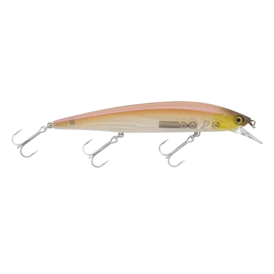 Jackall Rerange 110 MR fishing lure shown in translucent gold and peach with a diving bill and three treble hooks for freshwater fishing