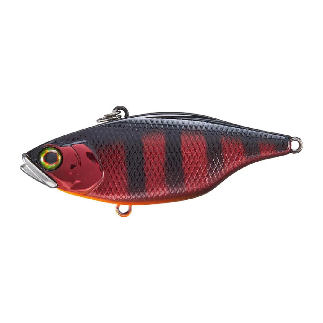 Jackall TN60 red and black lipless fishing lure with reflective scale pattern and treble hooks for freshwater fishing tackle